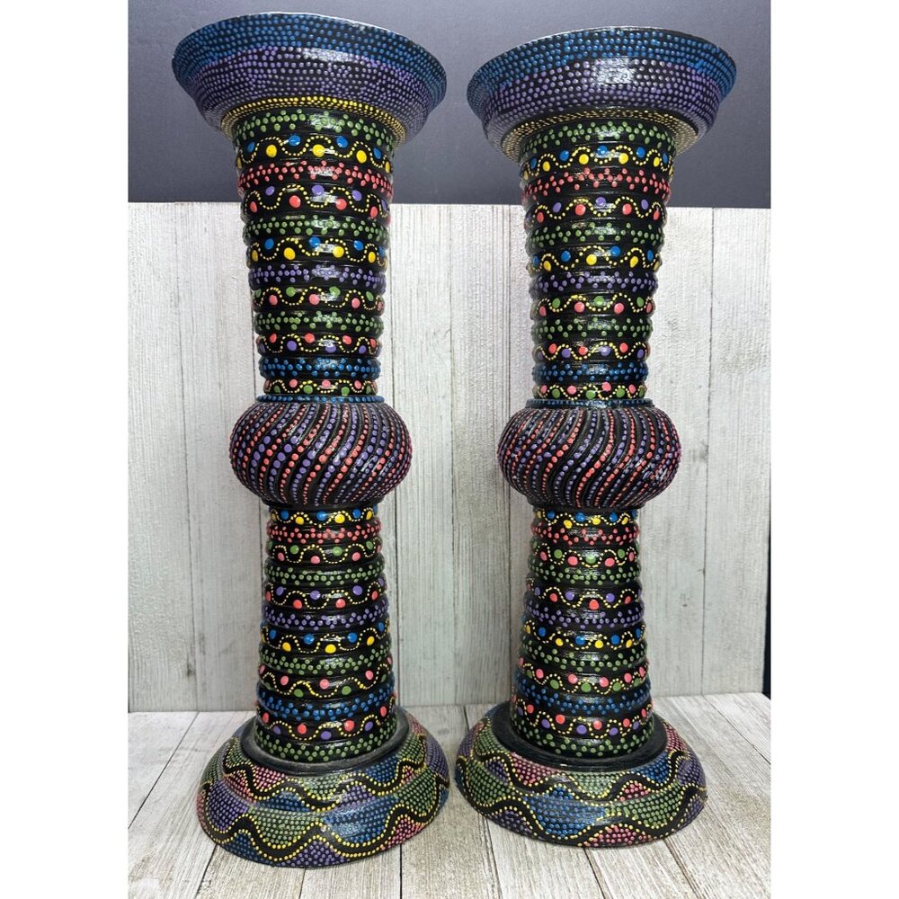 Vtg Folk Art Wood Candle Holder Hand Painted Rainbow Colors 16.5" Set of 2